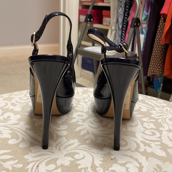 Stuart Weitzman Patent leather pumps in dark purplish blue, 5 inch heels. - Picture 4 of 5